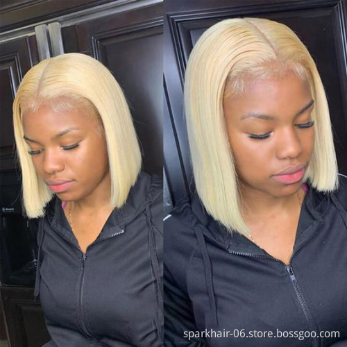 Stock Light Color 613 Pre Plucked Bleached Knots Lace Front Glueless Cuticle Aligned Frontal Cheap Human Hair Blonde Bob Wig
